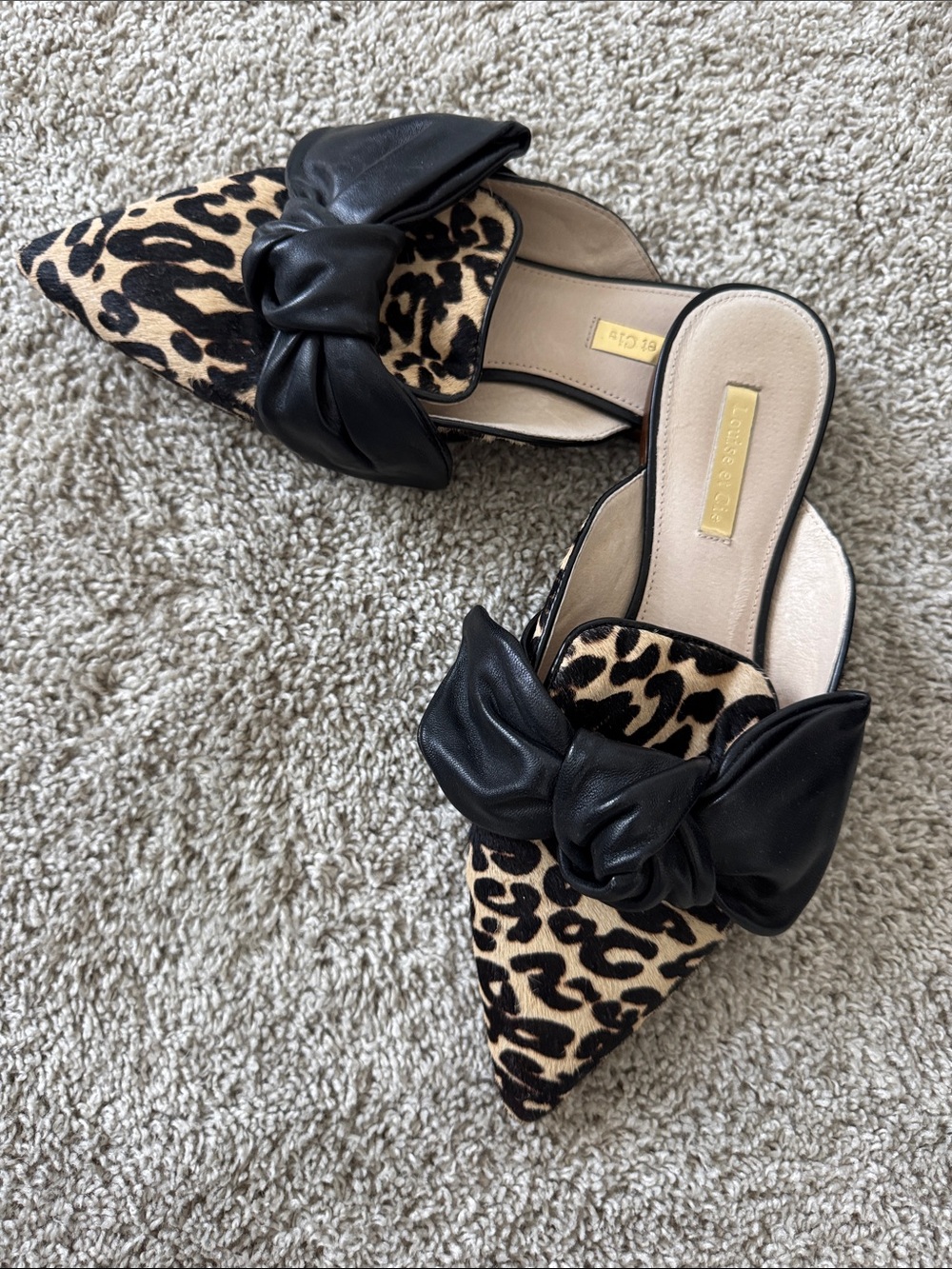 Louise et Cie Leopard Print Pointed Mules with Black Knot Bow